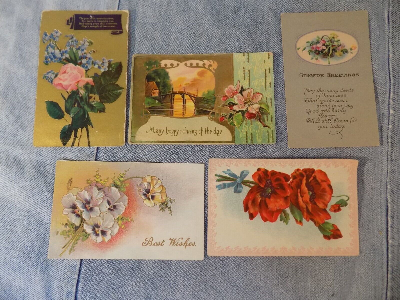 Antique Vintage Floral Gold Postcards Lot of 5