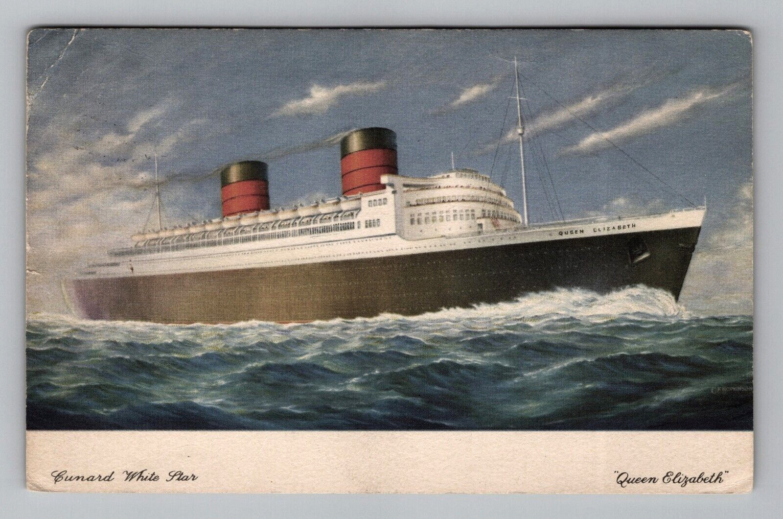 Postcard 1951 Ship Queen Elizabeth Cunard White Star Line Scenic Water View
