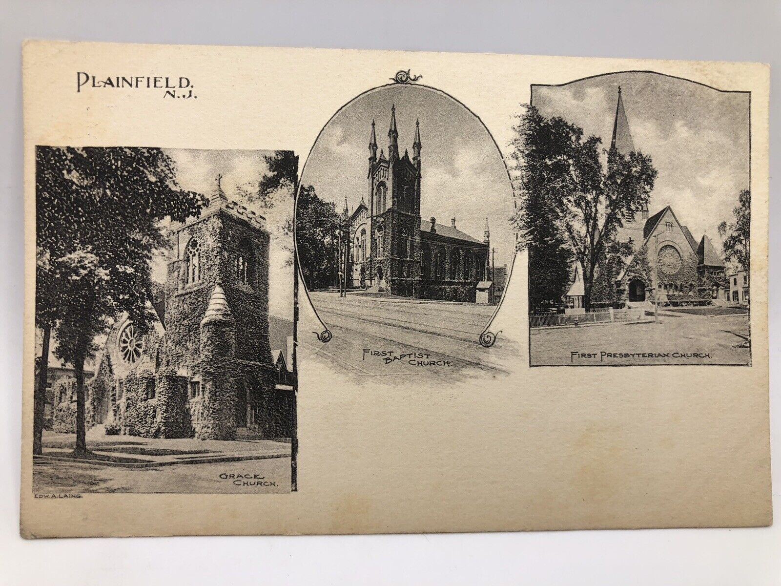 Postcard Plainfield New Jersey Three Churches Grace, Baptist and Presbyterian