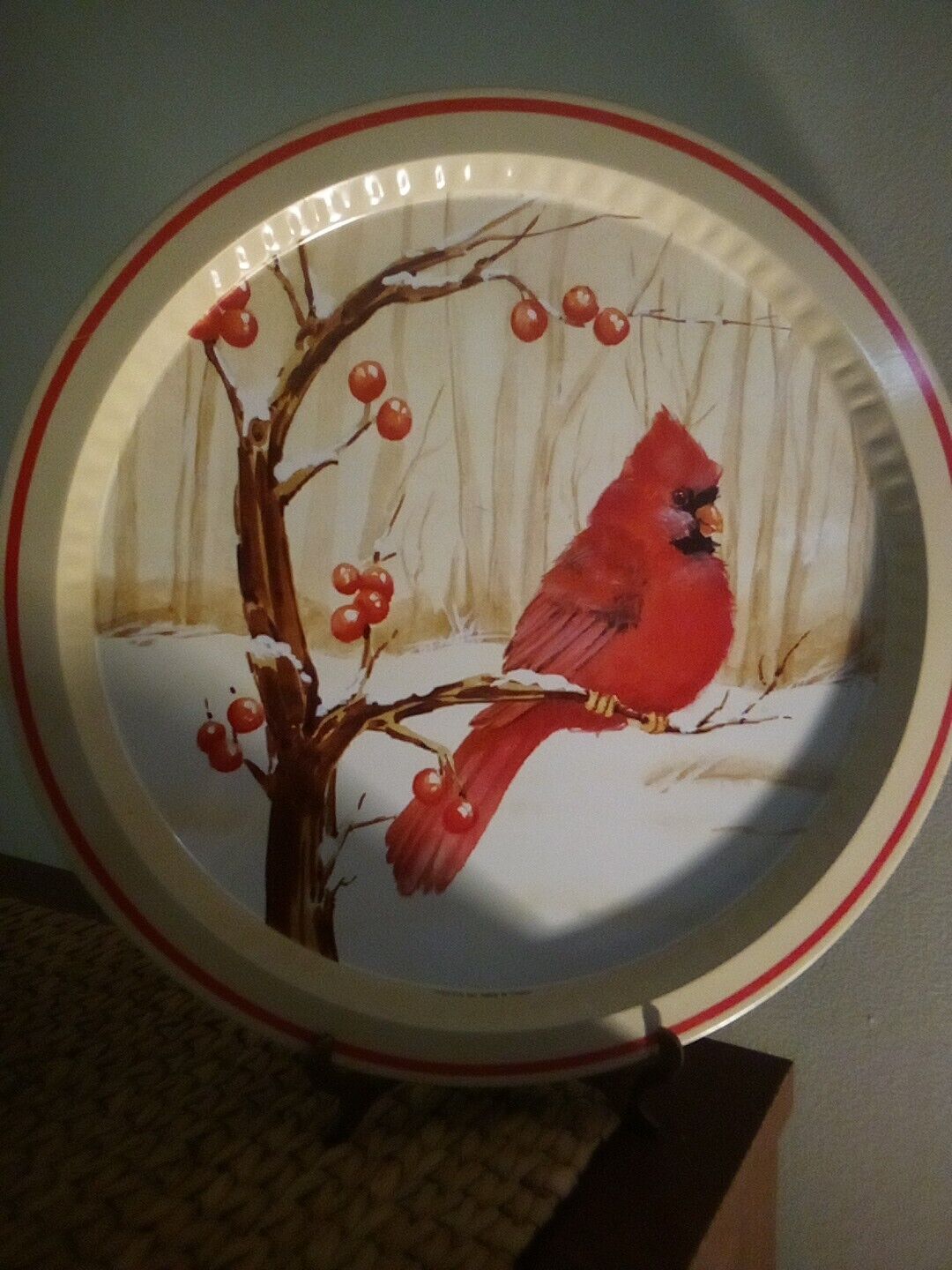 Cardinal Christmas Tin Cookie Tray Vintage Giftco 13 inch