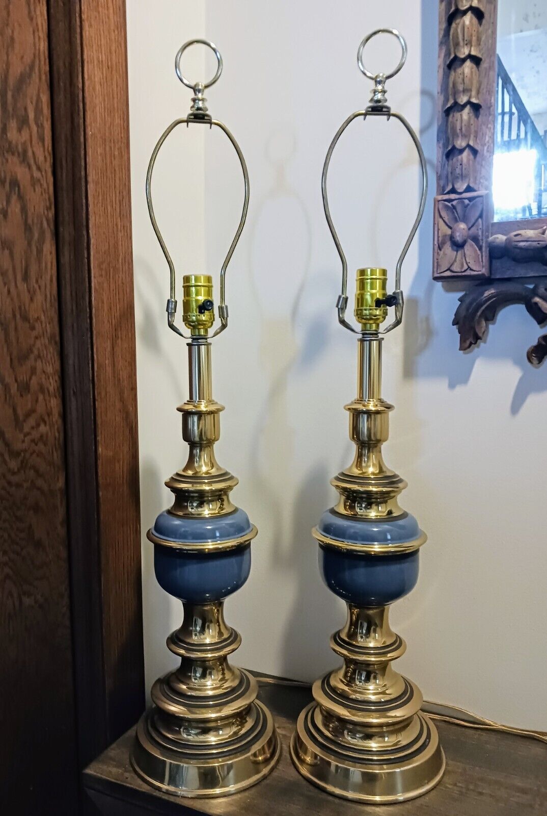 Pair of MCM Hollywood Regency Table Lamps, Blue Enamel & Brass. 