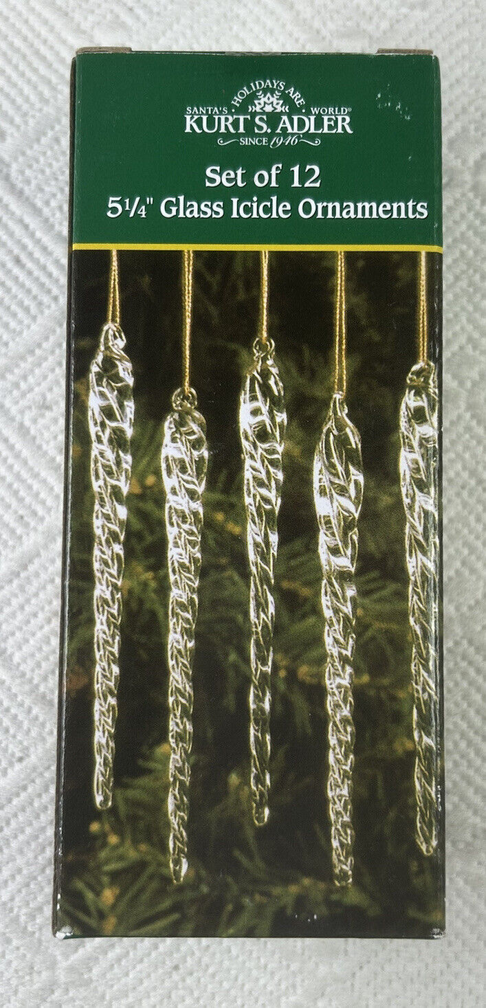 NEW Kurt Adler 5-1/4-Inch Glass Icicle Ornaments 12-Piece Box Set (Set of 12)