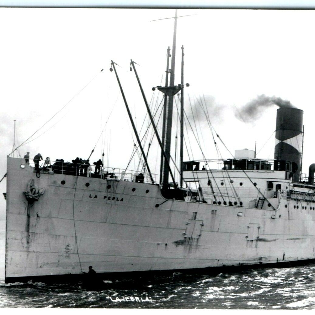 c1940s SS La Perla Cargo Steamship Real Photo RPPC WWII Navy Used USS Cygnus A9