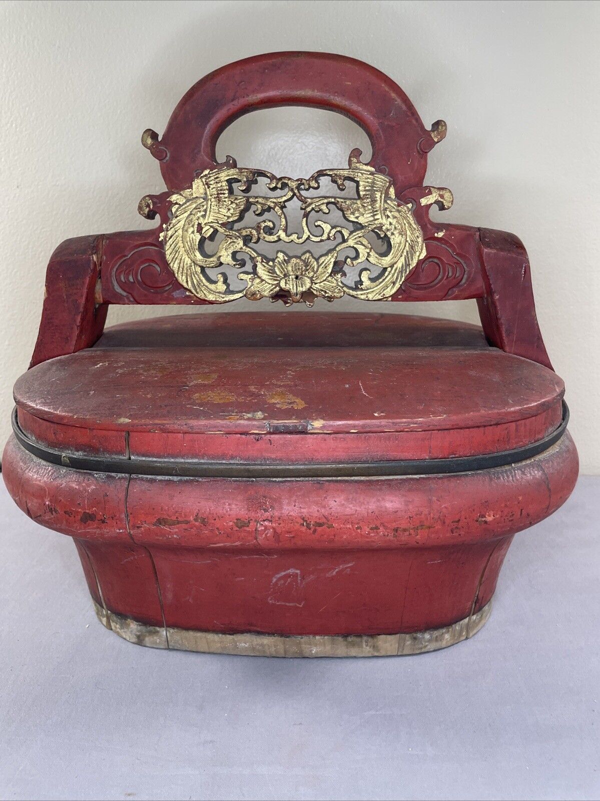 Vintage Chinese Carved Food/Lunch Box Brass Trim