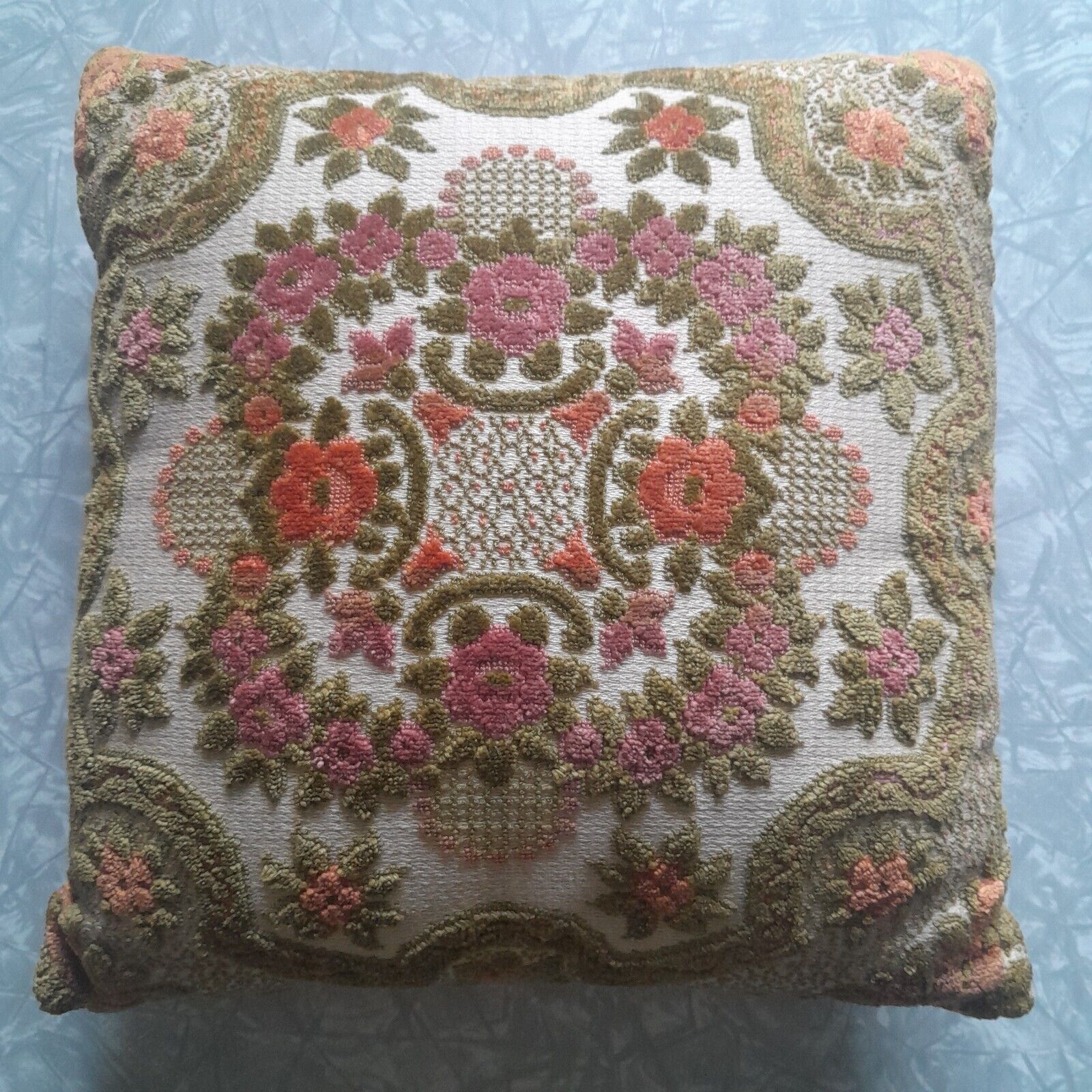 MCM Cut Velvet Throw Pillow Gold Pink Avacodo Vintage 11 X 11 Decorative 