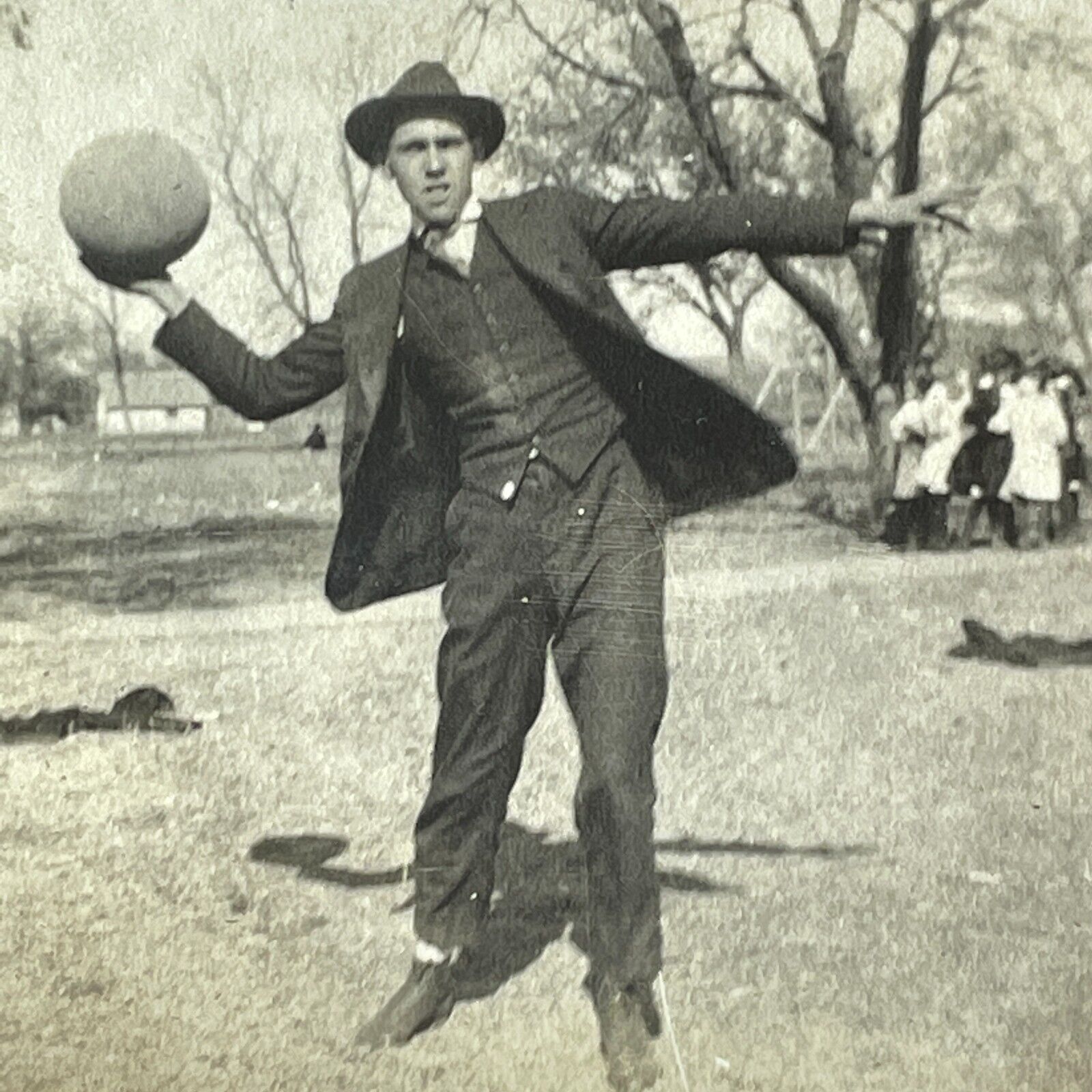 O5 Photograph 1910-20\'s Handsome Man Throwing Basketball *Glued Back*