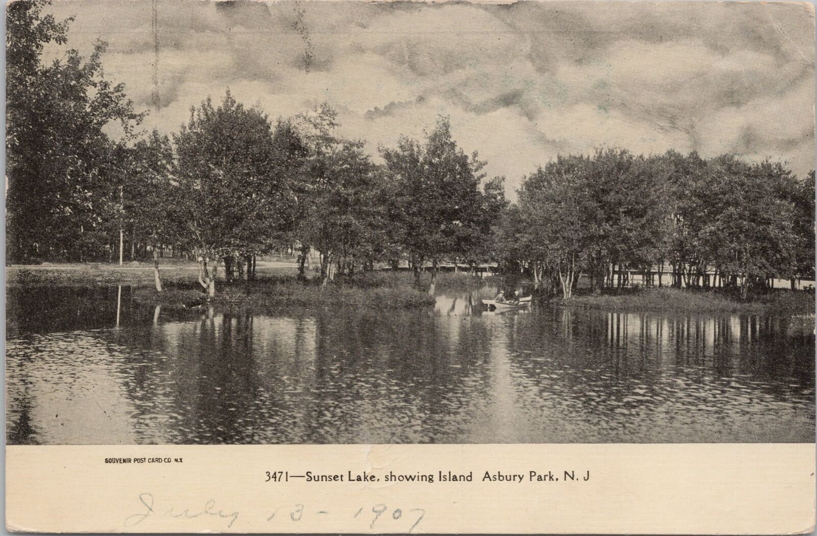 State View~Sunset Lake~Boaters & Island~Asbury Park NJ~PM1907~Vintage Postcard