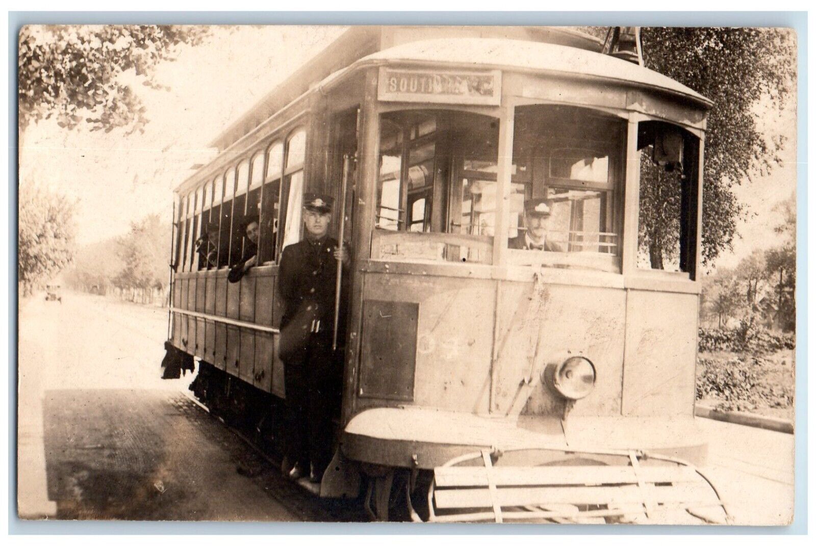 c1910s Candid South Main Streetcar Trolley Conductor  RPPC Photo Postcard