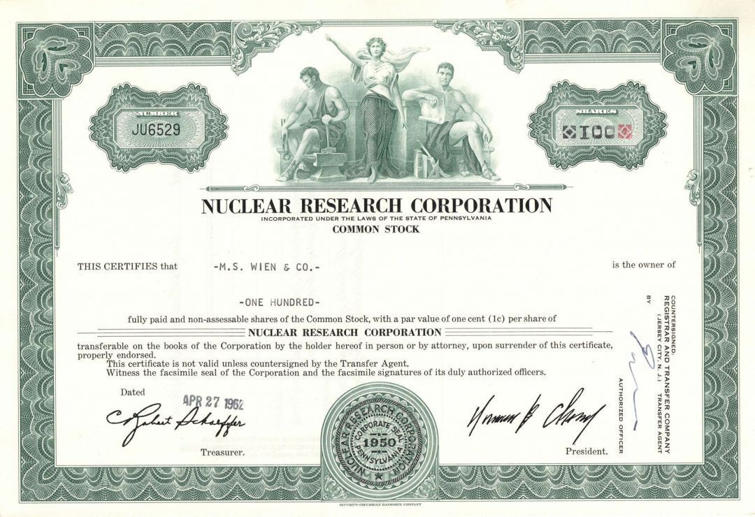 Nuclear Research Corp. - 1962 dated Stock Certificate - Very Rare Topic - Genera