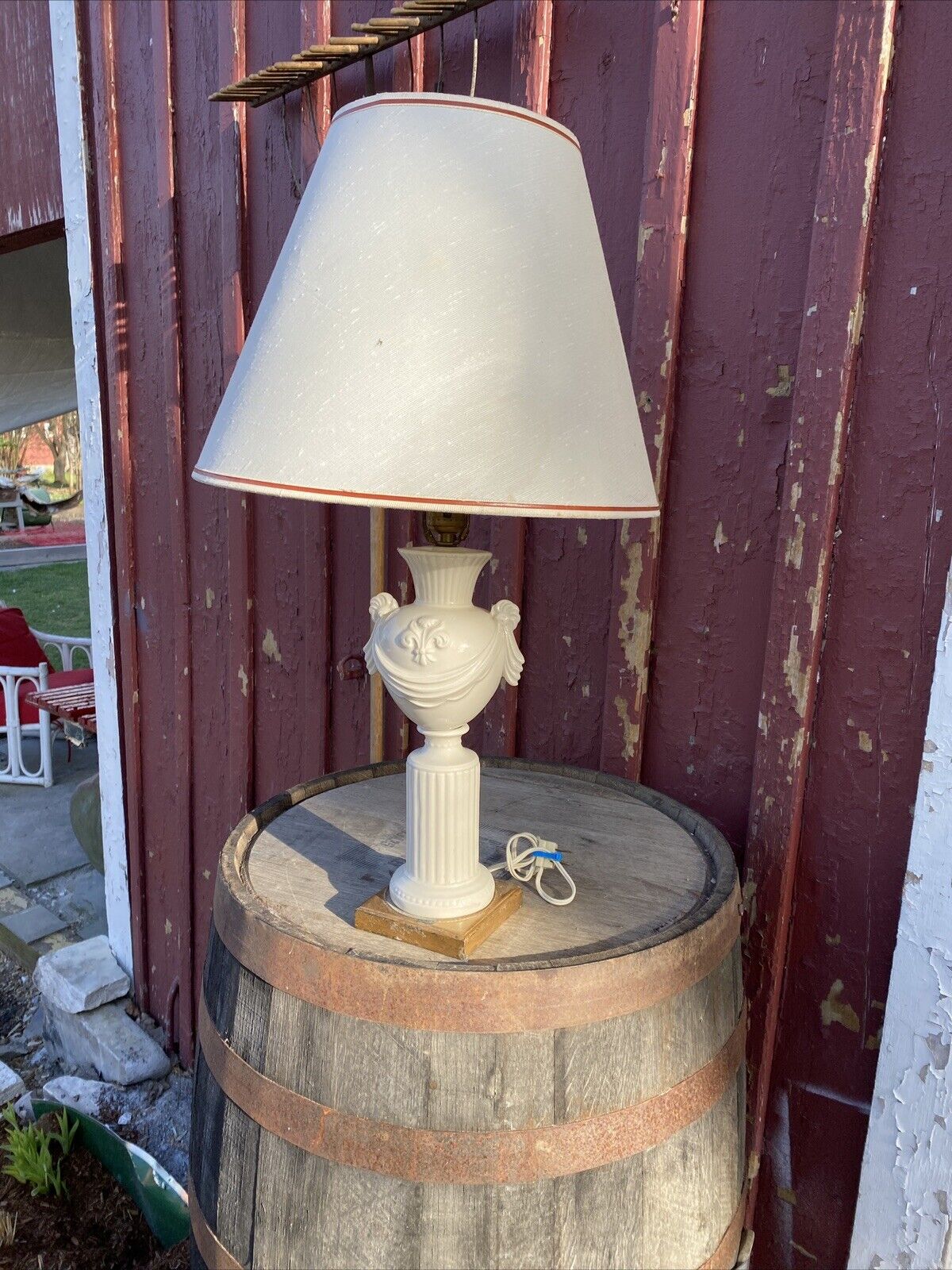 Vintage White Porcelain Urn Italian French Country Style Table Lamp On Pedestal