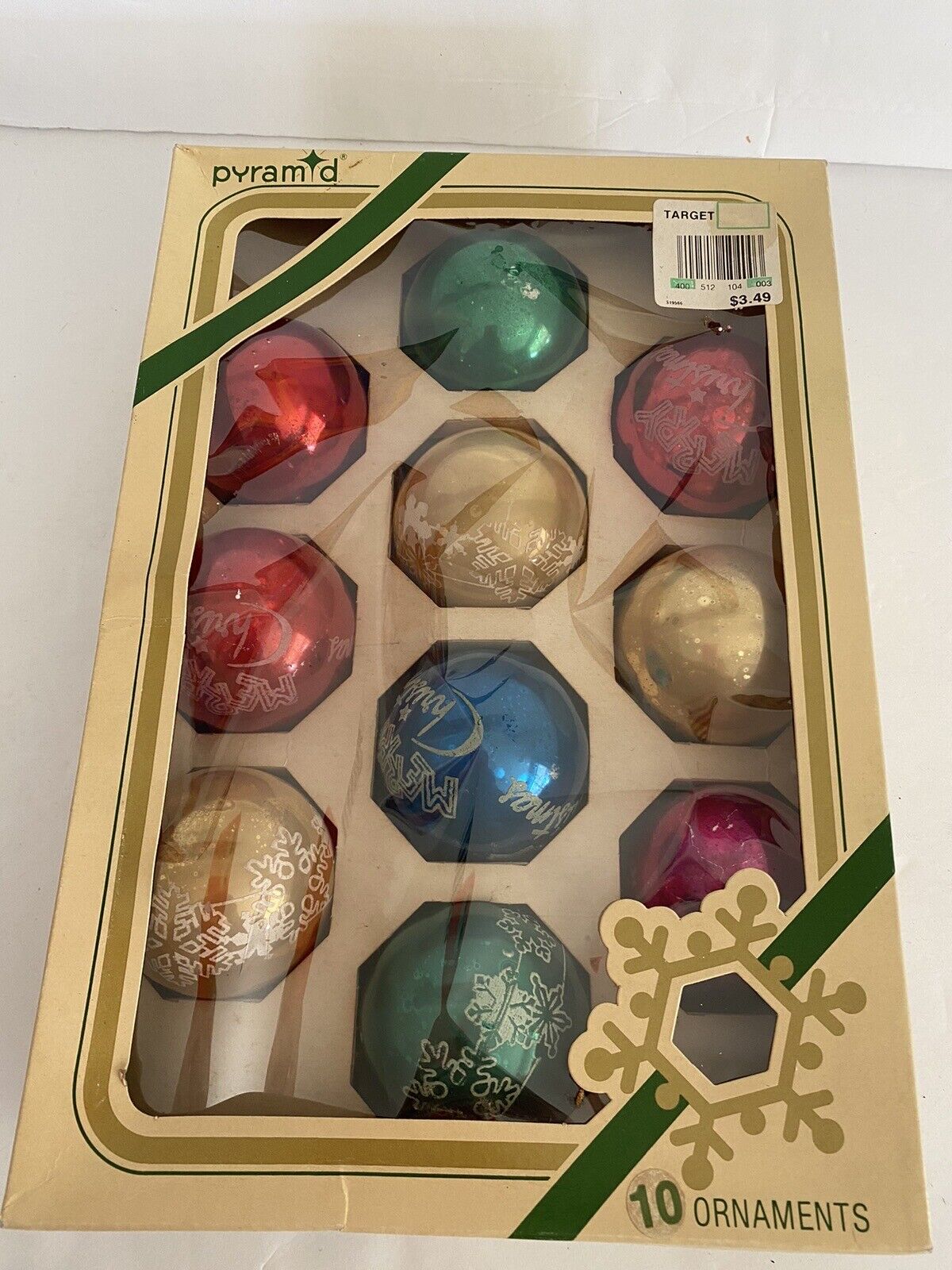 Vintage Pyramid Multi Colored Christmas Ornaments Box of 10 Glass Balls 1990