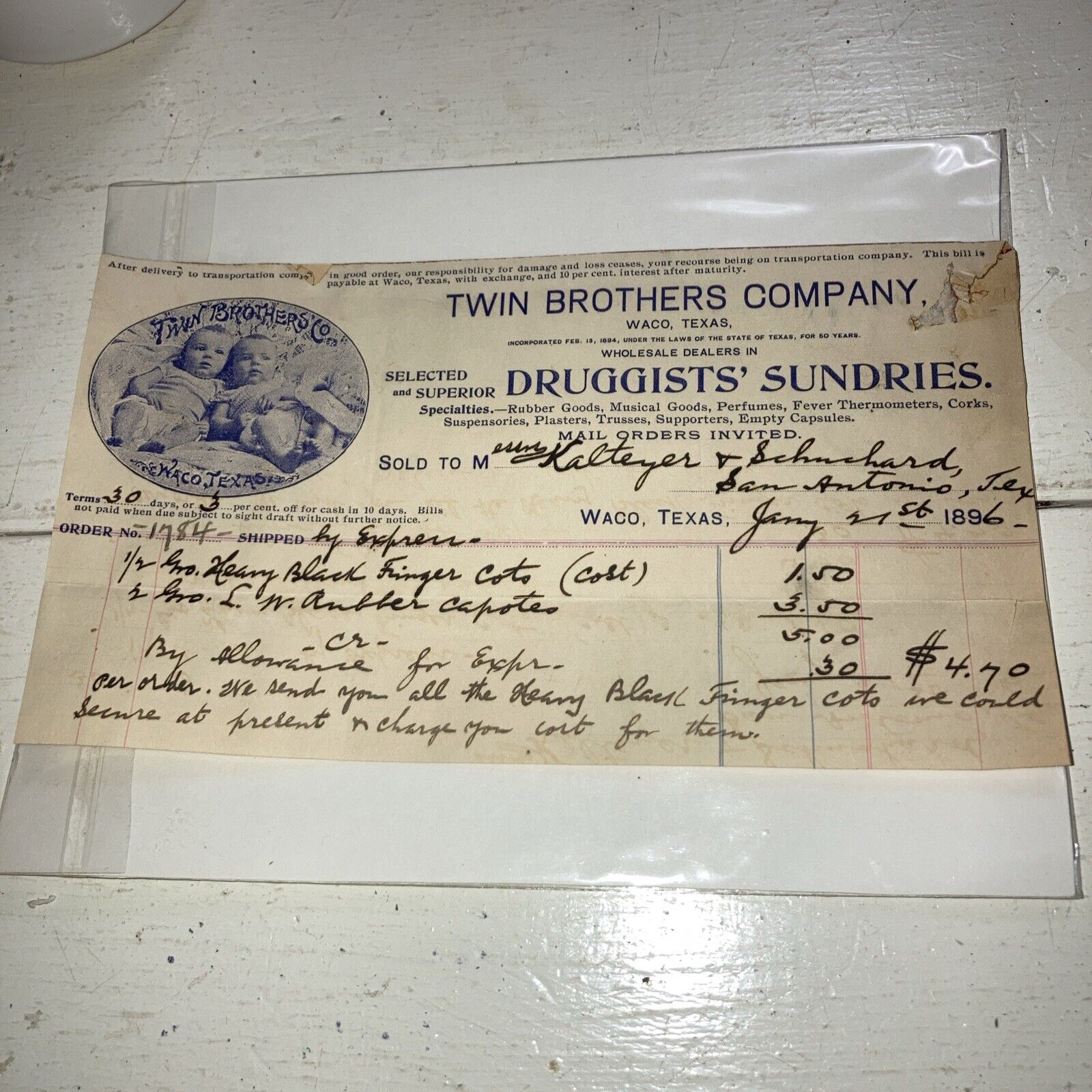 1896 Billhead for Twin Brothers Company Druggists  Waco, Texas