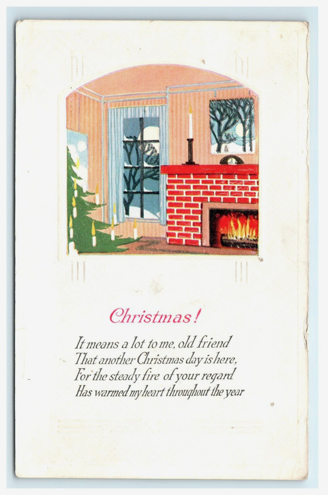 Christmas Domestic Fireplace Interior View Embossed - Damaged