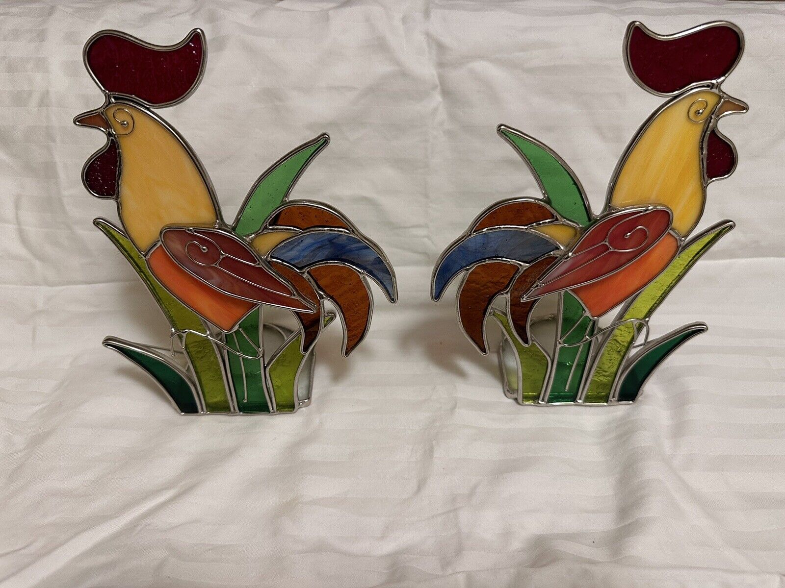 Vintage Rooster Stained Glass Candle Holder For Tea Light 8” Tall