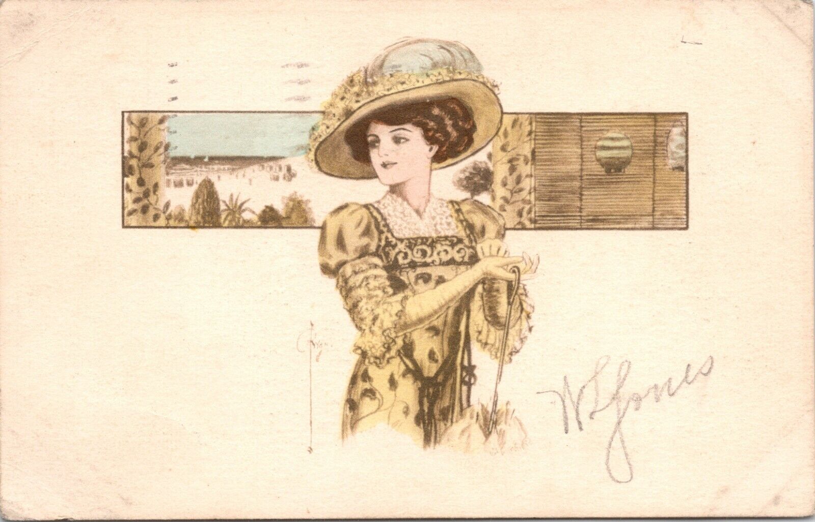 C.1909 Artist Signed C Ryan Beautiful Woman Glamour Scenic Inset Postcard 722