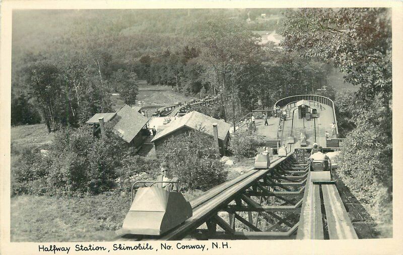 North Conway New Hampshire Halfway Station Skimobile 1940s RPPC Postcard 21-6697