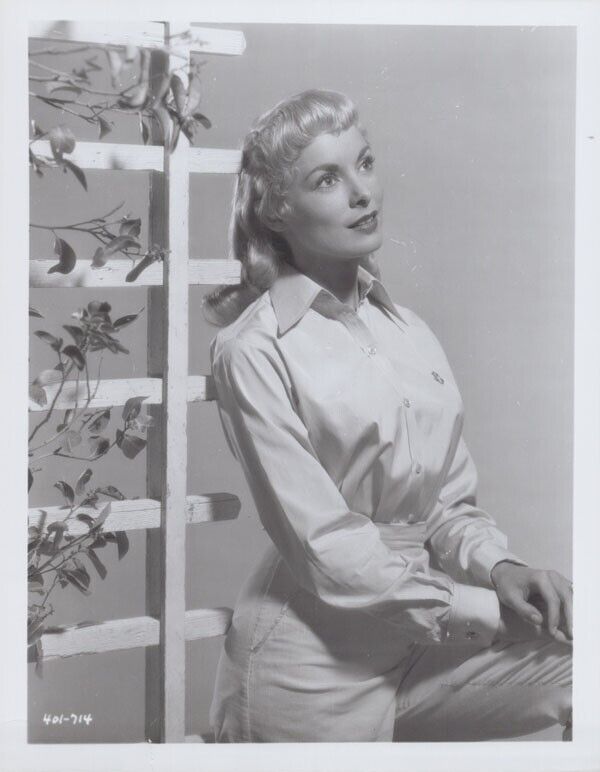 Janet Leigh dressed in white poses by fence trellis vintage 8x10 inch photo