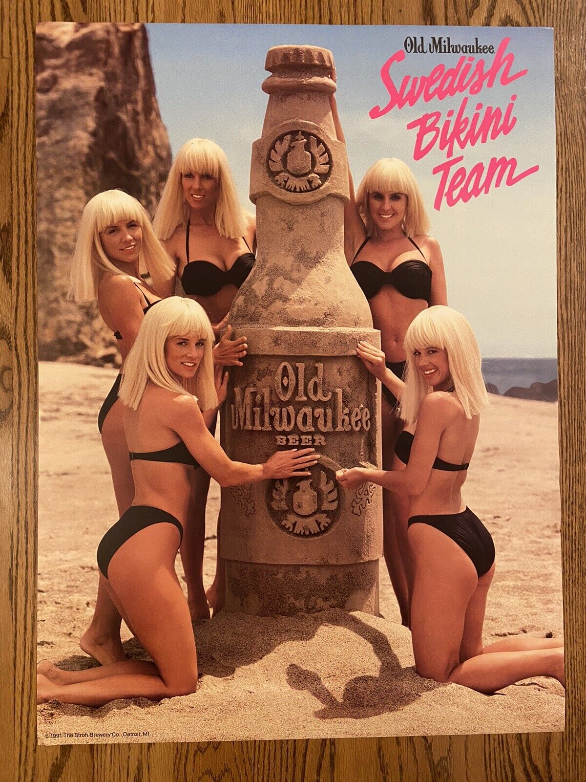 Old Milwaukee Beer Swedish Bikini Team Vintage Poster Sign Double Sided NOS