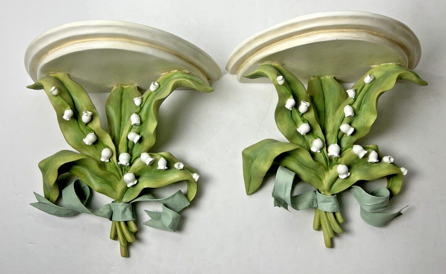 PAIR SILVESTRI Resin Wall Shelf Lilly Of The Valley Flowers Green White Ribbon