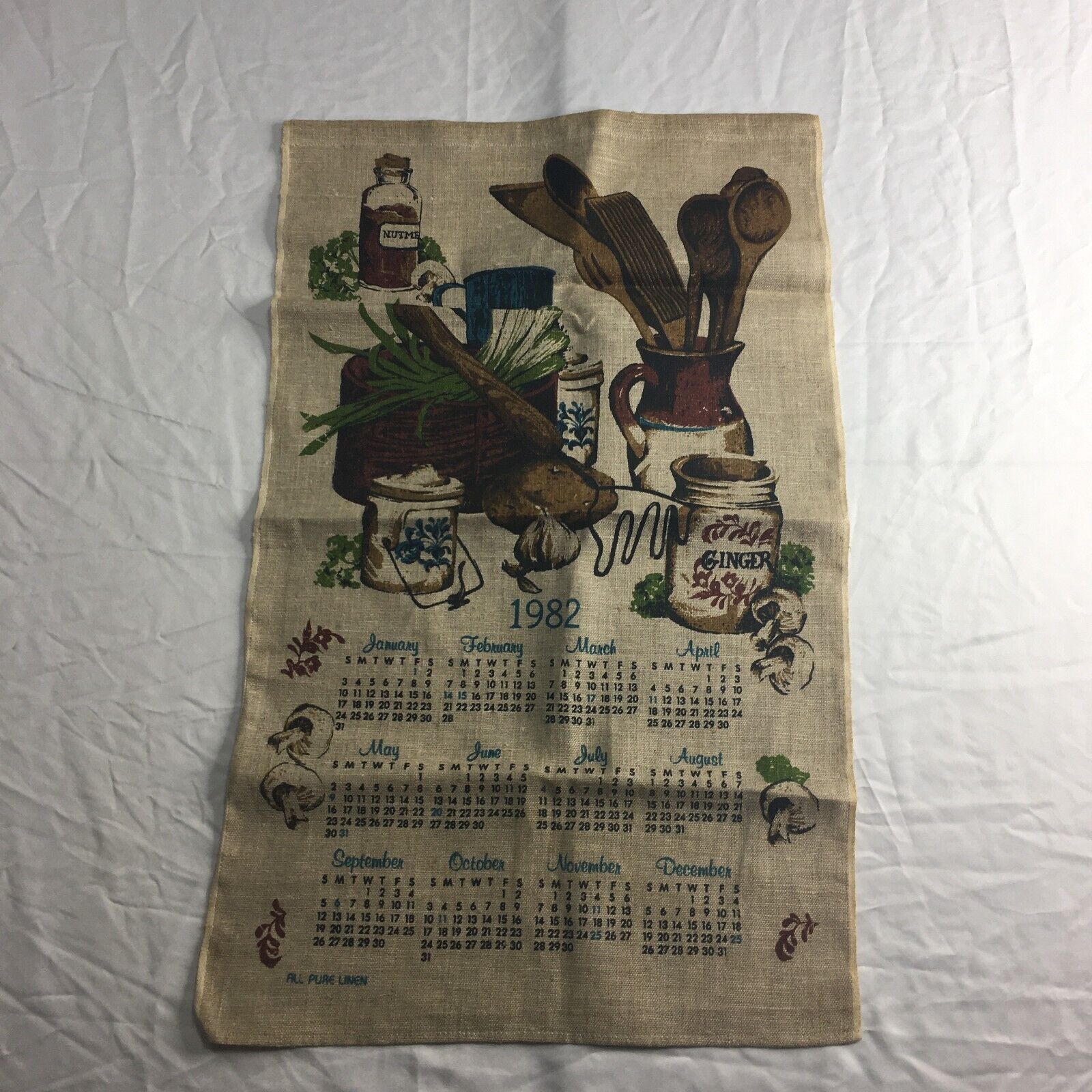 Vintage Cloth Calendar 1982 Wall Hanging Cloth Material Kitchen Utensils