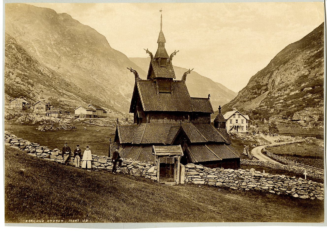J.V. Norway, Borgund Church Vintage Albumen Print.  17x22 Albumin Print 