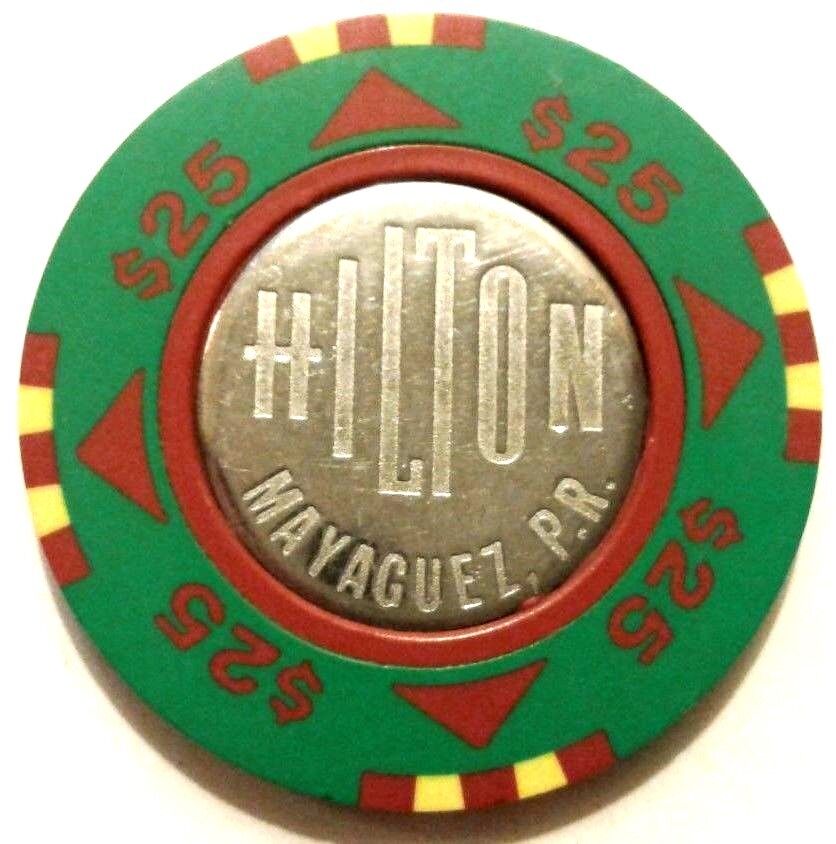 $25 MAYAGUEZ HILTON GREEN RED YELLOW COIN Casino Poker Chip Puerto Rico BudJones