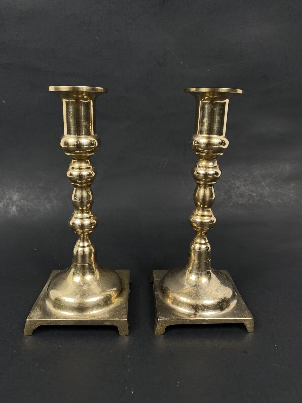 Pair Of  Andrea By Sadek Small Polished Brass Footed Candlestick Holders