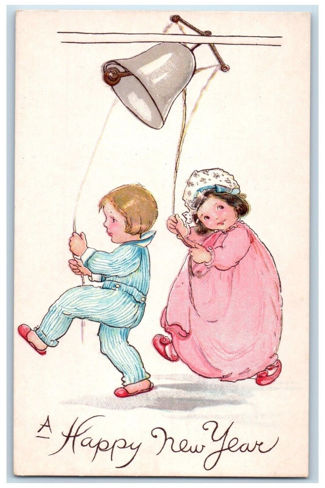 c1910\'s Happy New Year Children Ringing Bell Embossed Unposted Antique Postcard