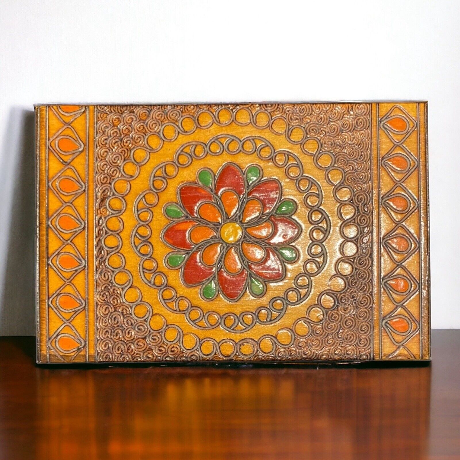 Vintage Wood Hand Carved & Colorful Painted Trinket Keepsake Box POLAND Hinged