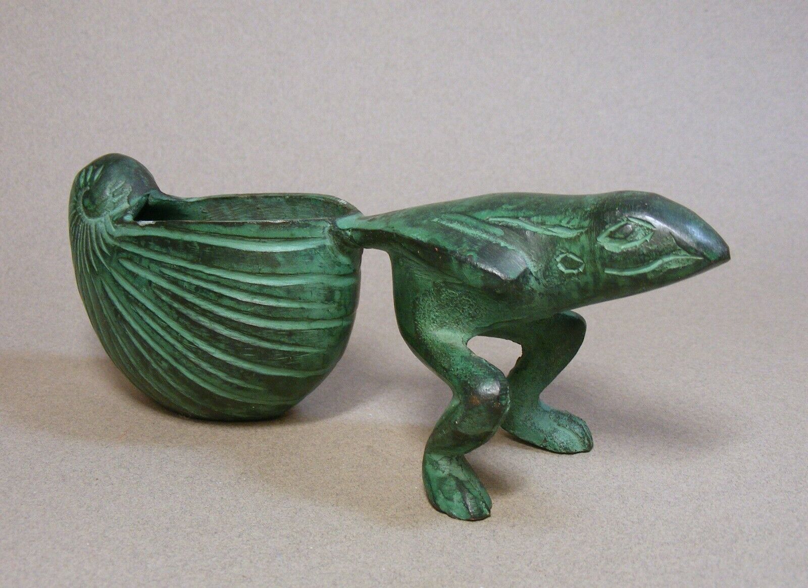 Metal Green Patinated Frog Pulling Snail Shell Planter