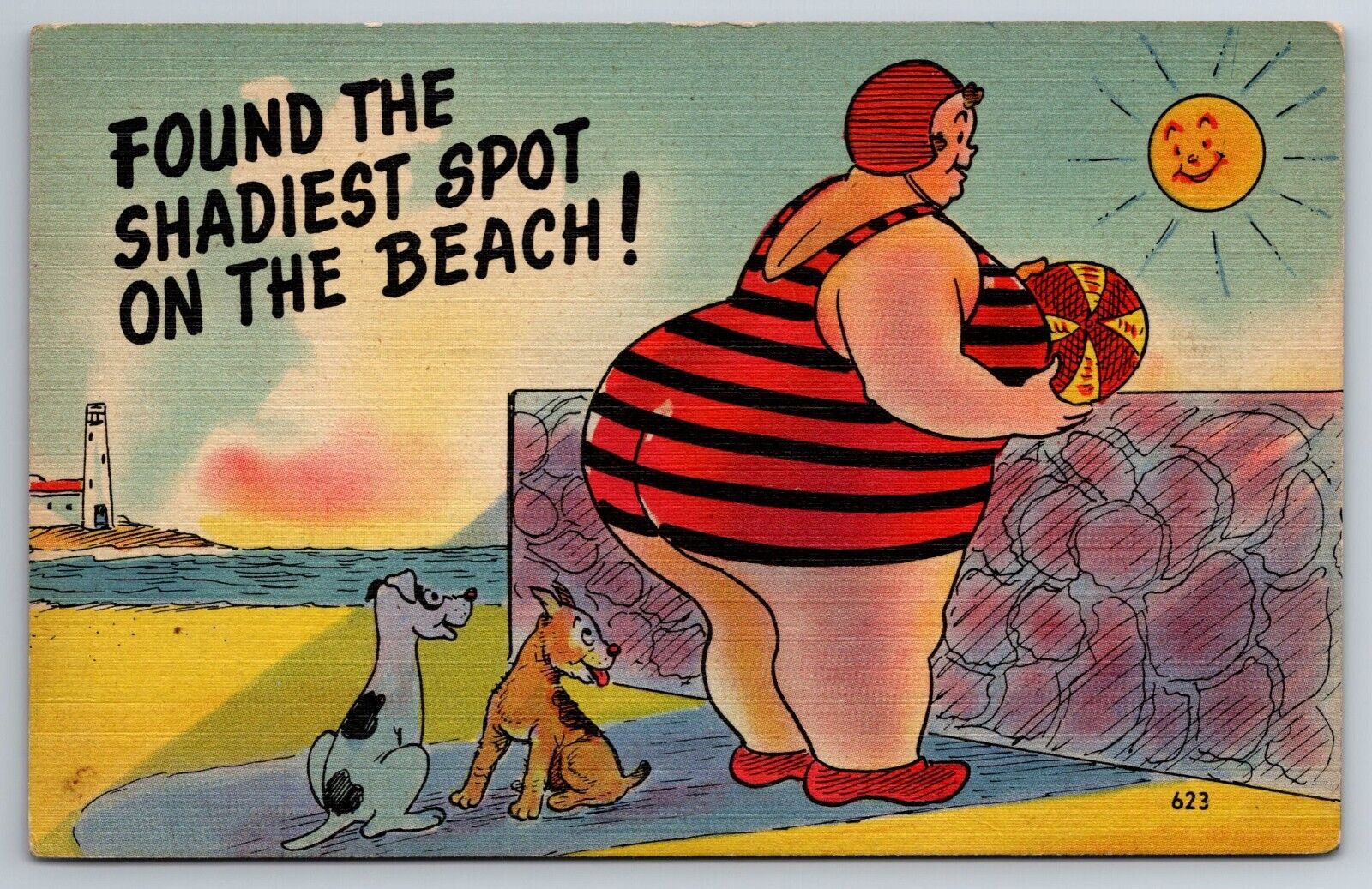 Vintage Postcard Funny Cartoon Heavy Set Woman Beach Dogs Linen ~9272