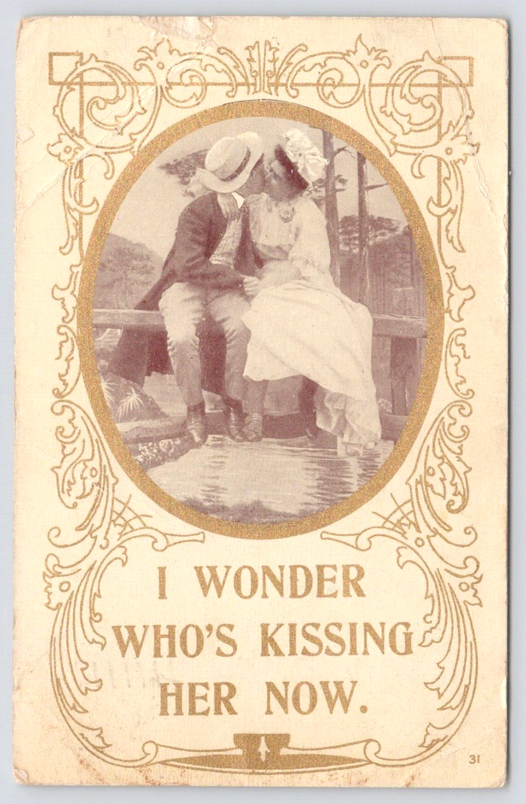 Postcard  I wonder whos kissing her now 1910 Man Woman romance *a5