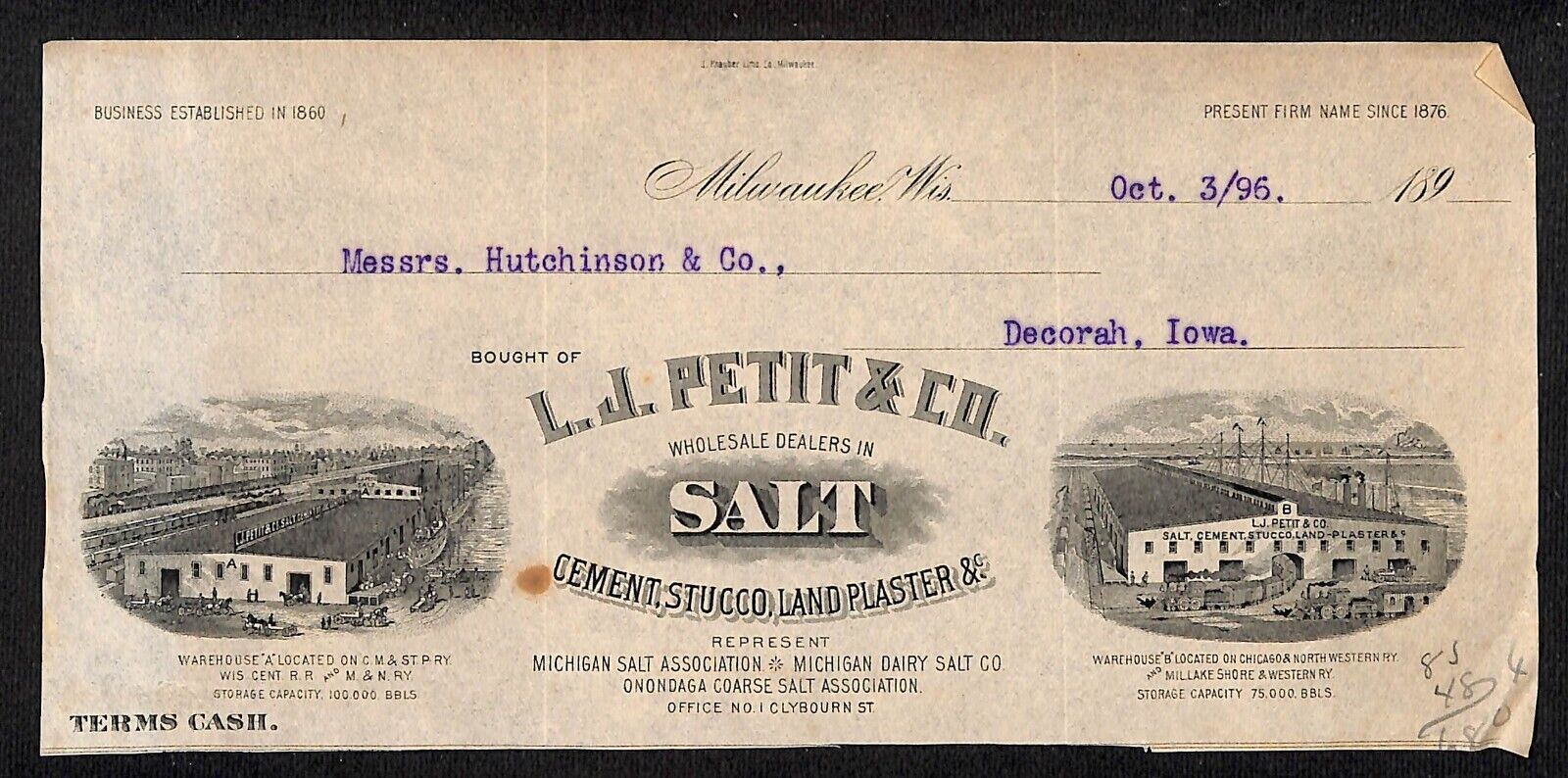 L.J. Petit & Co. Salt Cement Milwaukee Hutchinson* 1896 Cut Billhead - Scarce