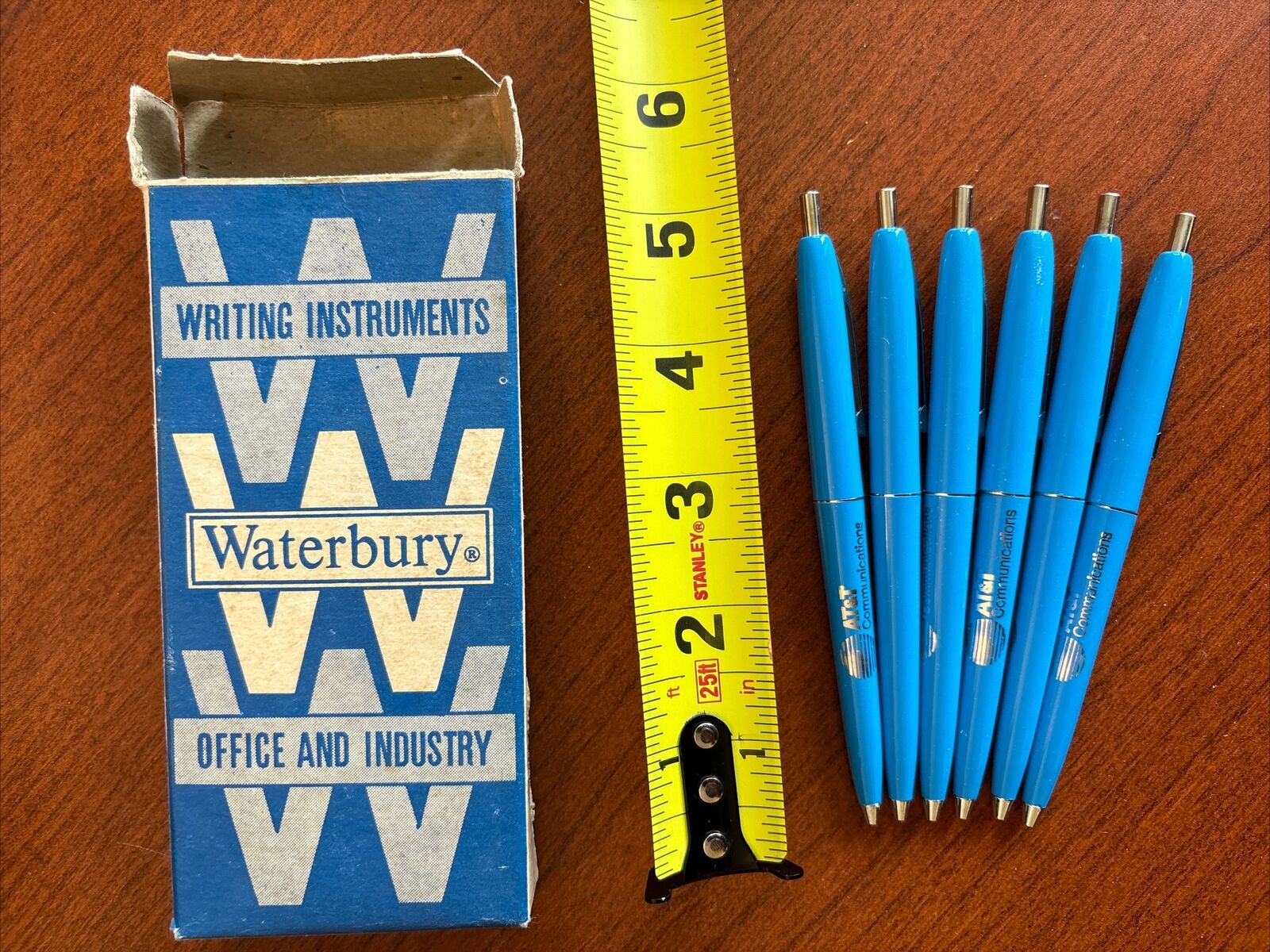 Vintage Waterbury Advertising Retractable Blue Pens Lot of 6 - AT&T Logo w/ box