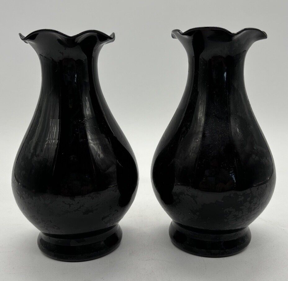 Vintage Black Amethyst Glass Vase 6” Ruffled Edge Bud Vase Pear Shape 40th Anniv