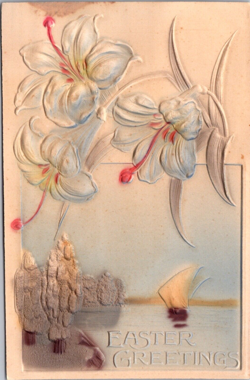 Airbrushed Postcard Easter Lily Flowers Seascape Greetings