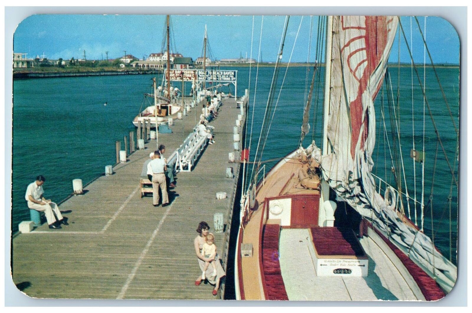 Atlantic New Jersey NJ Postcard Pier At Inlet Sailboats And Deep Sea Fish c1960s