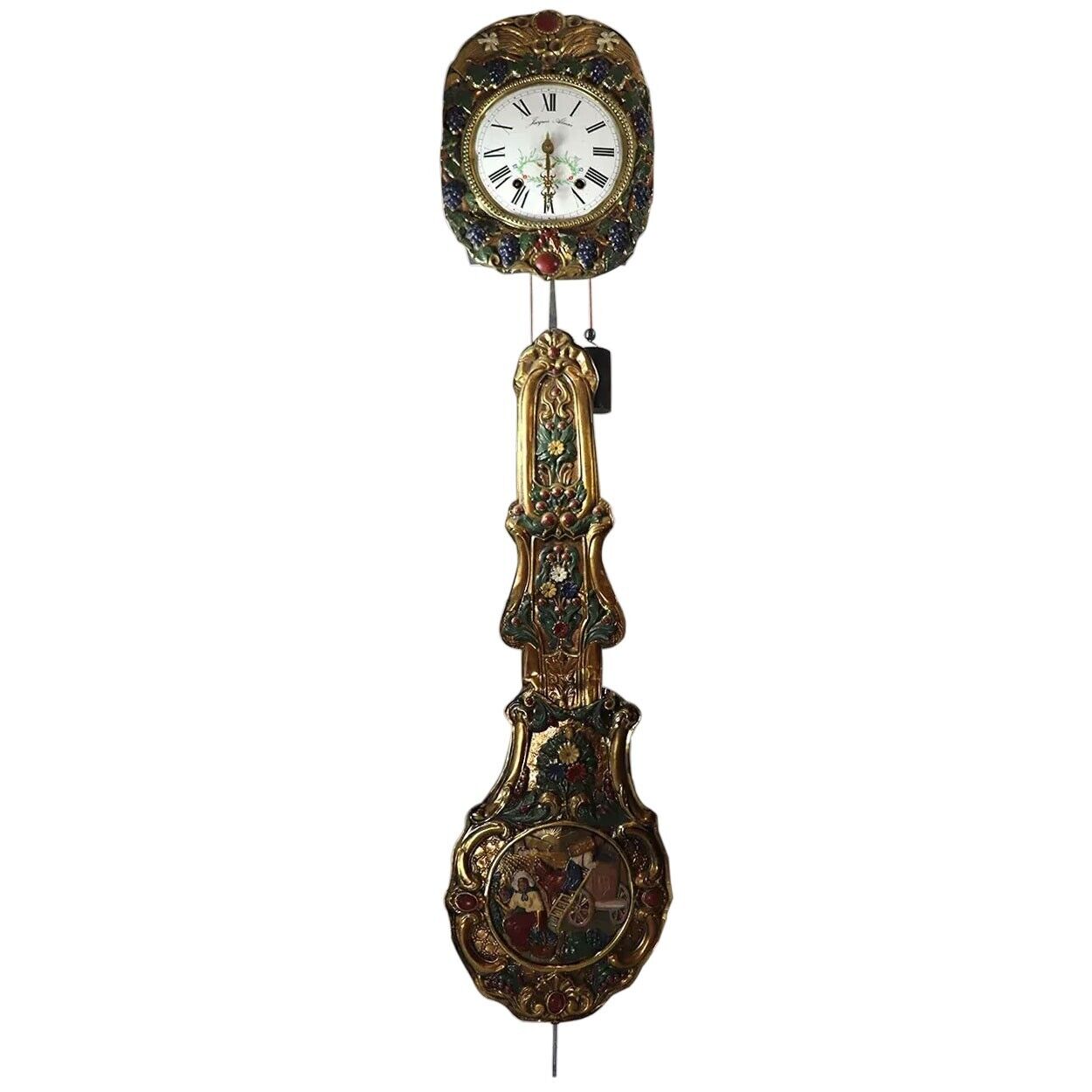 Antique French Jacques Almar Brass, Iron, Enamel Comtoise Wall Clock 19th cent.