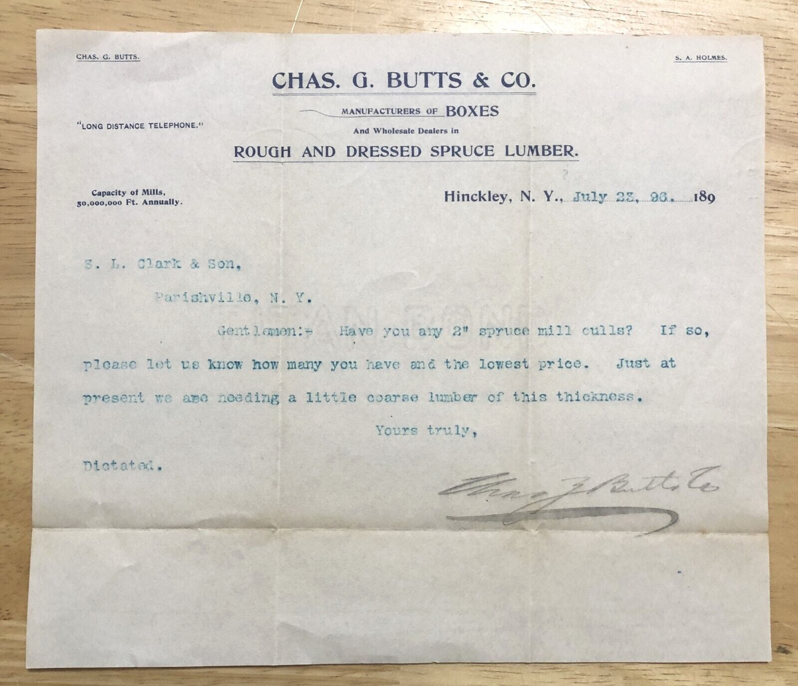 1896 Hinckley NY Chas. G. Butts Lumber Co Letterhead