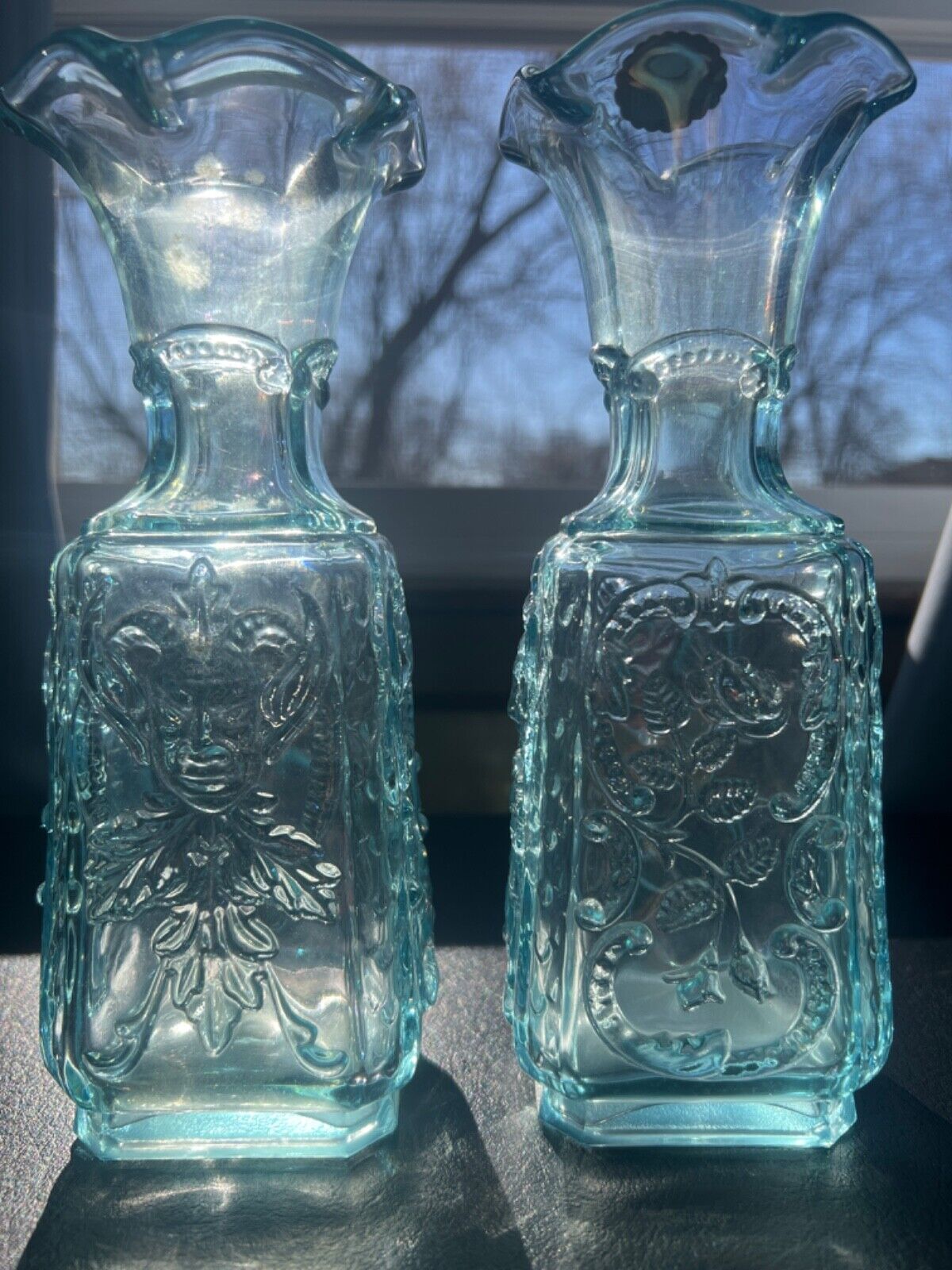 Vintage Mephistopheles Devil Vase Iridescent Imperial Sky Blue Glass Ruffled Rim