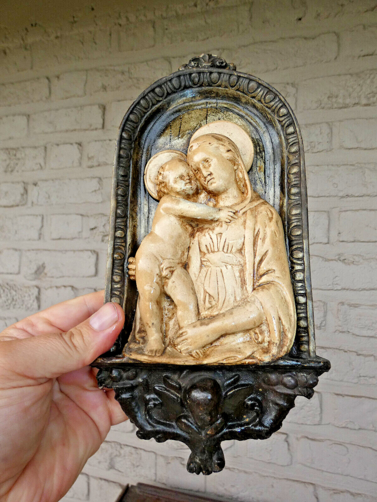 Antique French ceramic chalk madonna child wall plaque angel religious