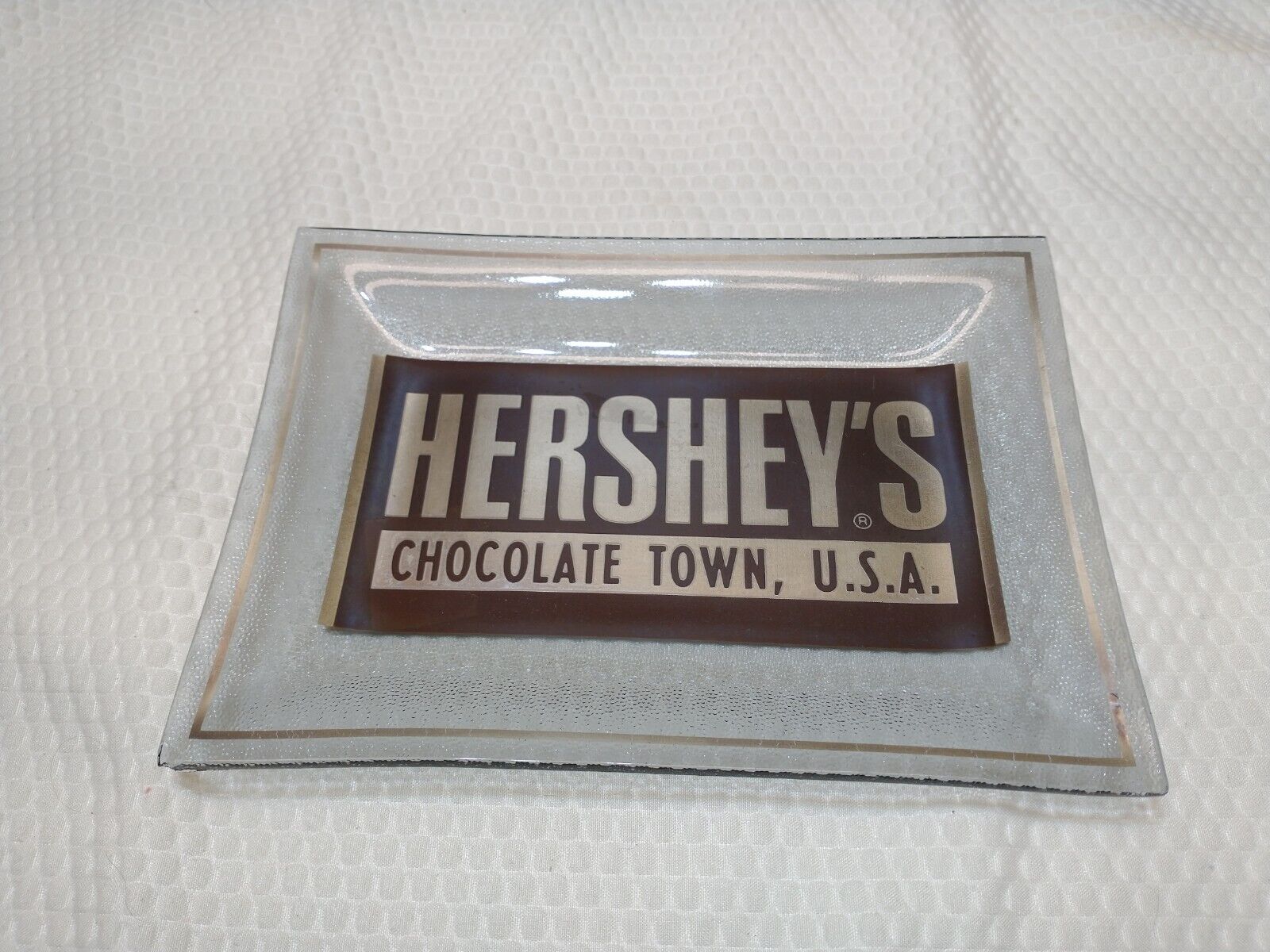 Vintage Hershey Chocolate Town USA Gray Smoky Glass Candy Trinket Dish 6.75\