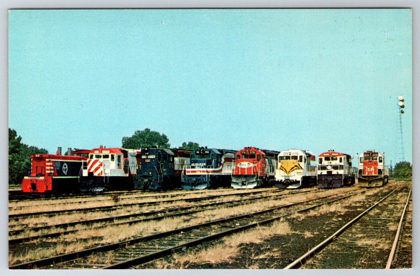 c1960s Bicentennial Lineup Patriotic Eight Railroad Trains Vintage Postcard