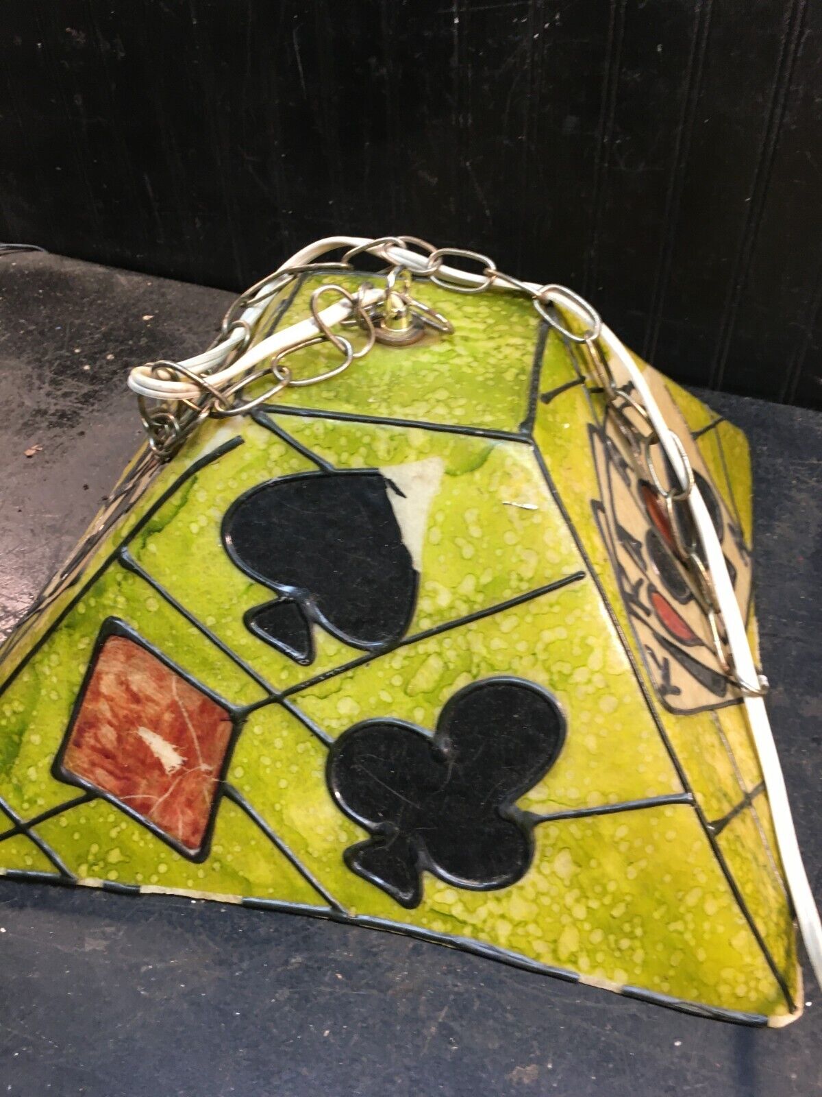 Vintage Fiberglass Hanging pool table shade light with Playing Cards 16in Square