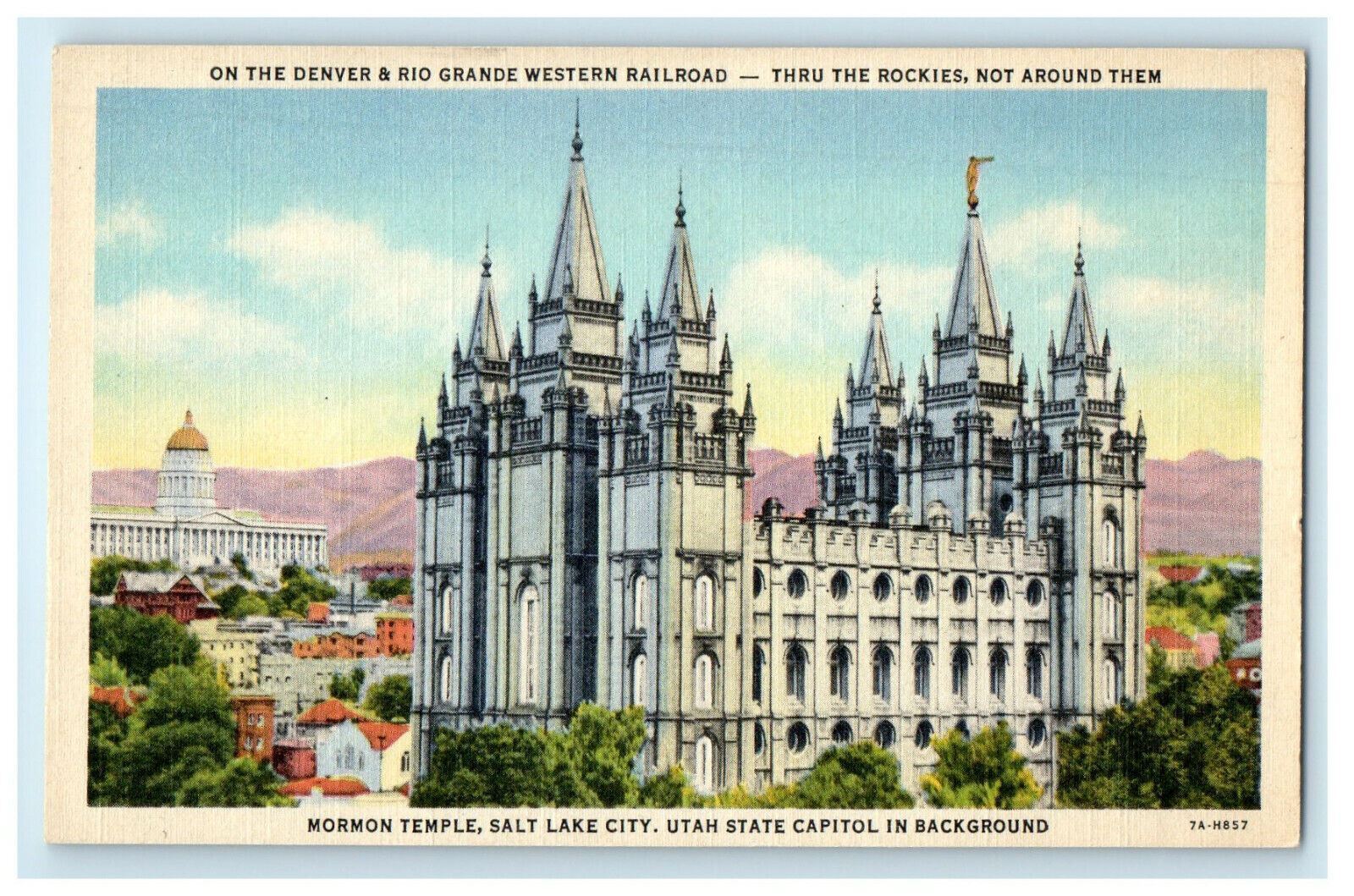 c1930s Mormon Temple, Salt Lake City, Utah State Capitol in Background Postcard