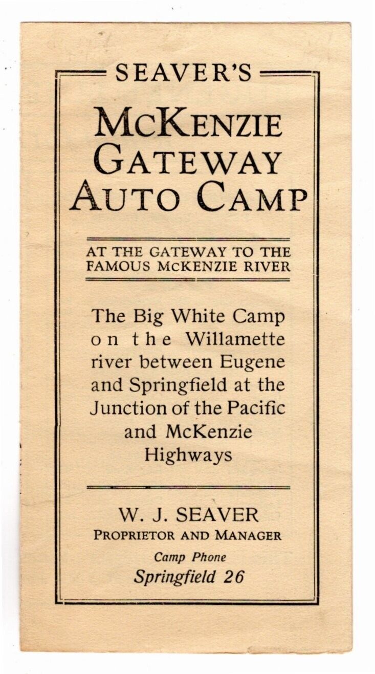 Brochure, SEAVER\'S/McKenzie/GATEWAY/ UTO CAMP, W.J. Seaver, Eugene, OR 1920s