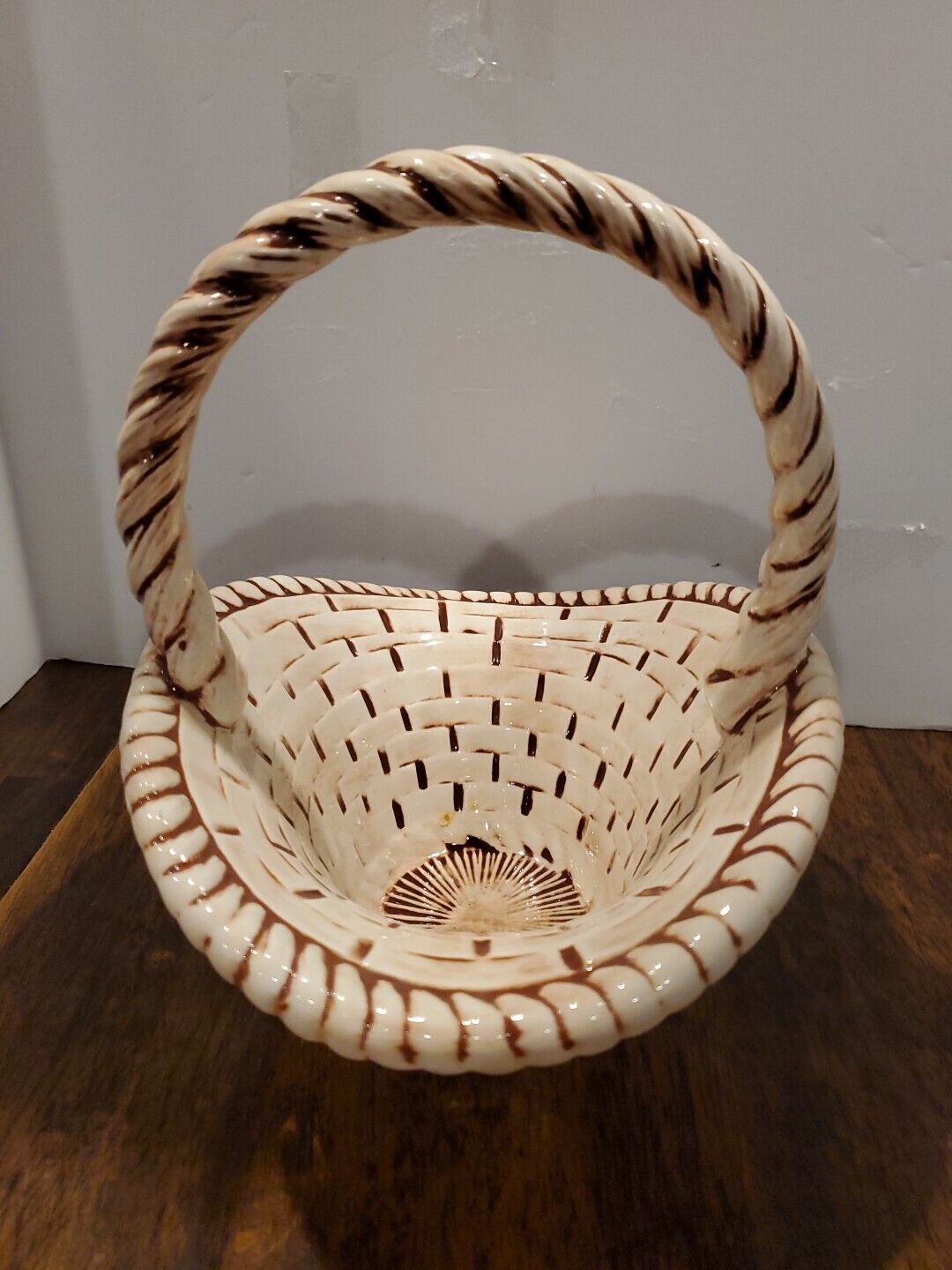 Vintage 80s Ceramic Woven Basket with Handle Farmhouse Rustic Cottage Decor 