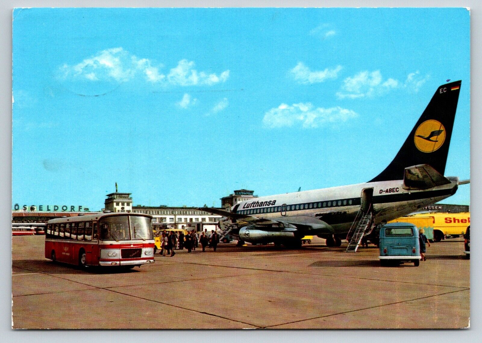 Germany Dusseldorf airport Postcard Lufthansa  4X6 1980 flughafen bus transport