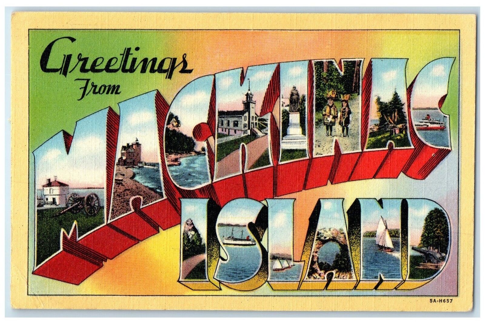 c1940s Large Letter Greetings From Mackinac Island Michigan MI Unposted Postcard