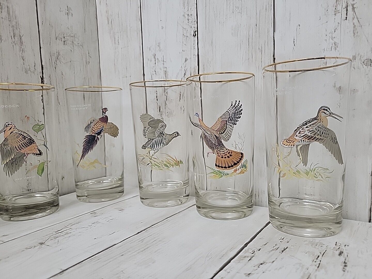 Ned Smith High Ball Cocktail Game Birds Gold Rim Vintage Glasses (Set Of 7)